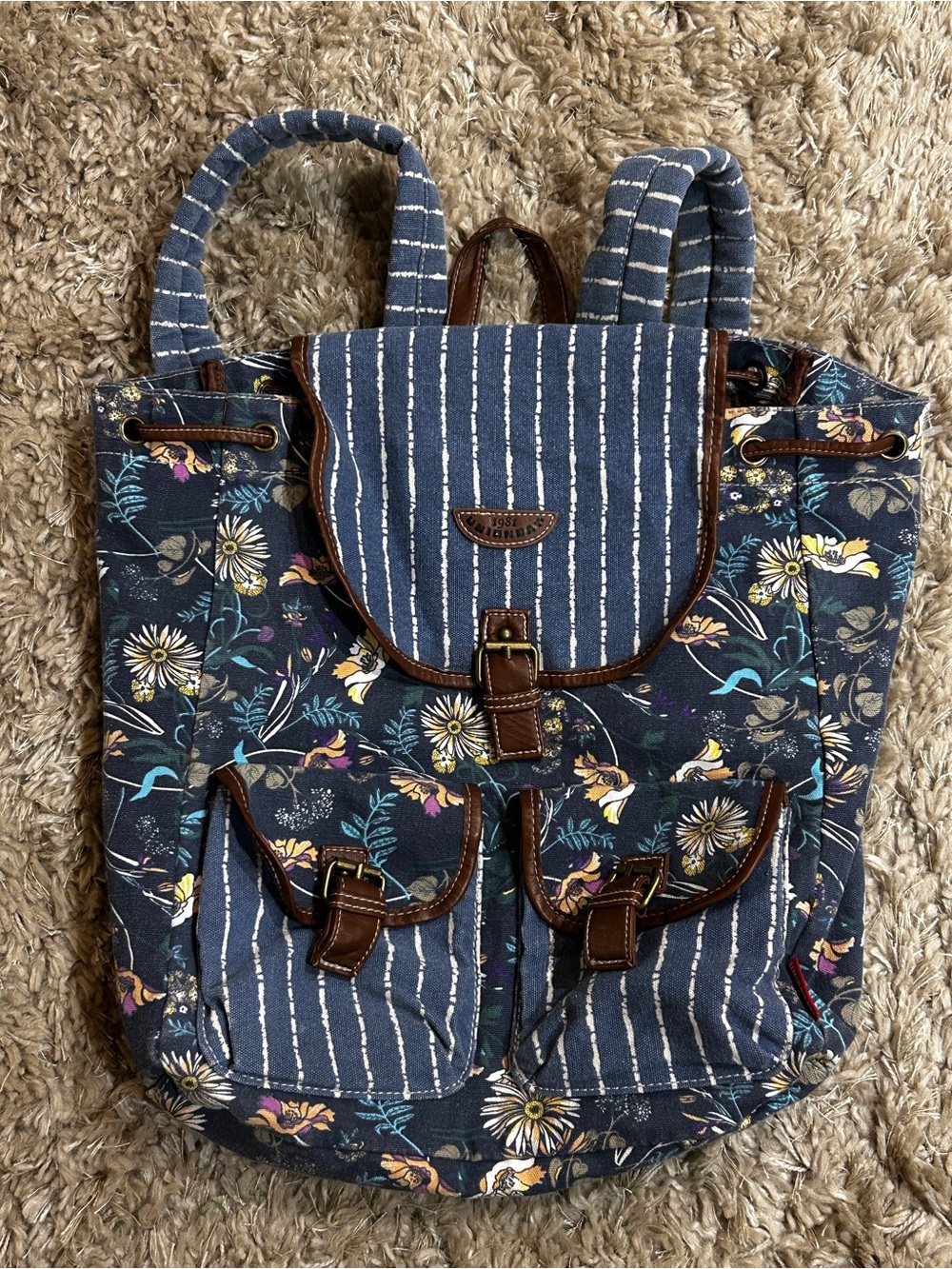 UNIONBAY Navy Floral Canvas Backpack with Brown Trim